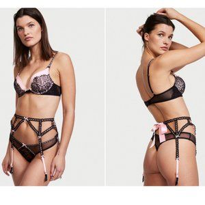 VS M/L Ribbon Slot Garter Belt Black and Pink Incredibly Sexy NWT